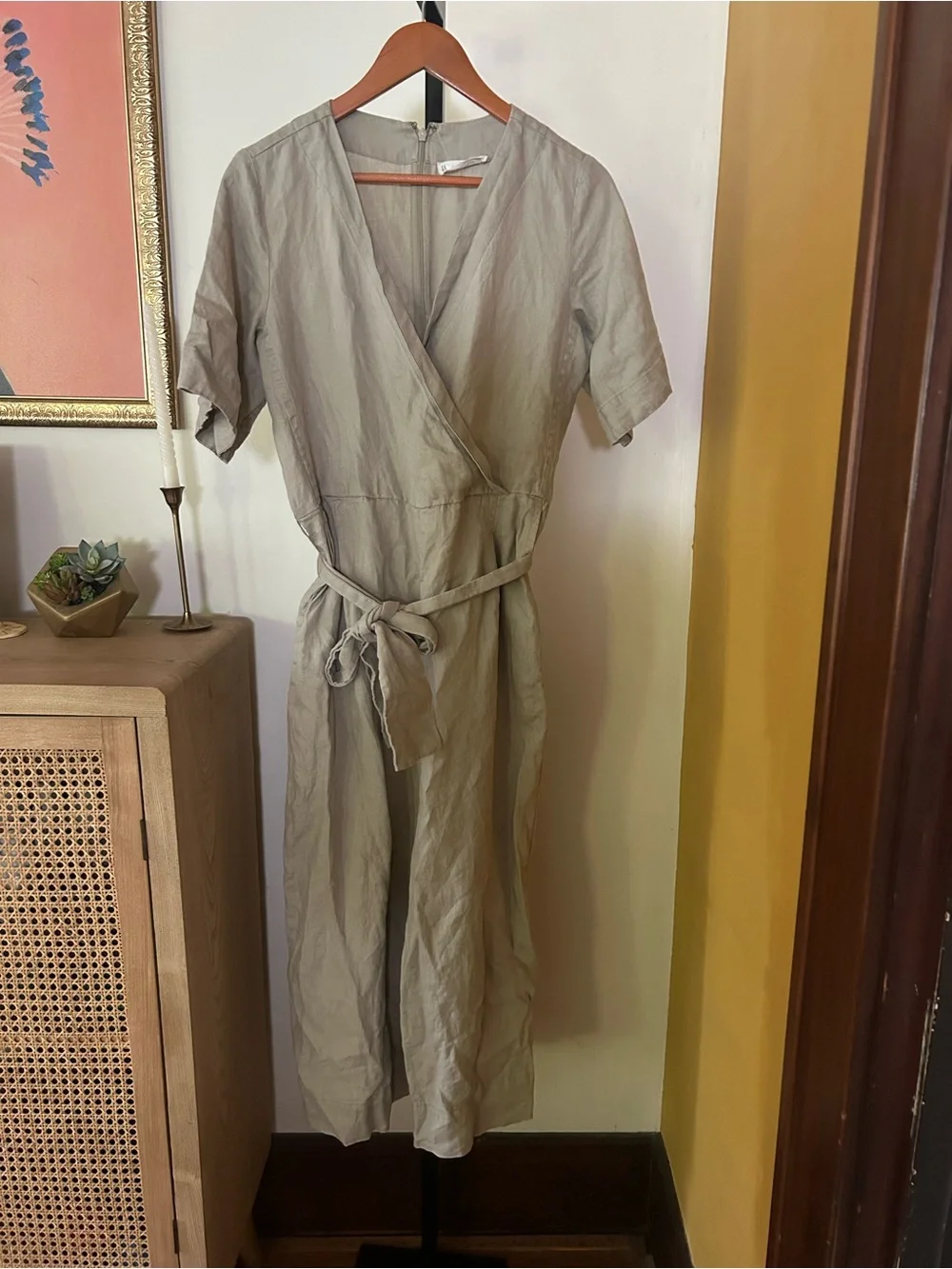 Everlane 100% European Flax Linen Wrap Jumpsuit Wide Leg Lagenlook Khaki Size 0